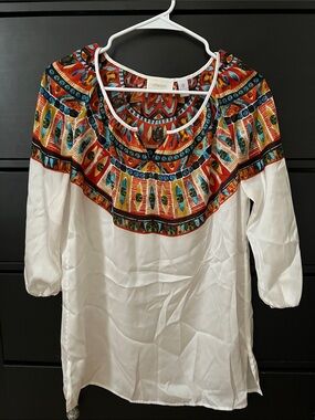 Chico's White Silky Tunic with Colorful Embroidered Yoke
